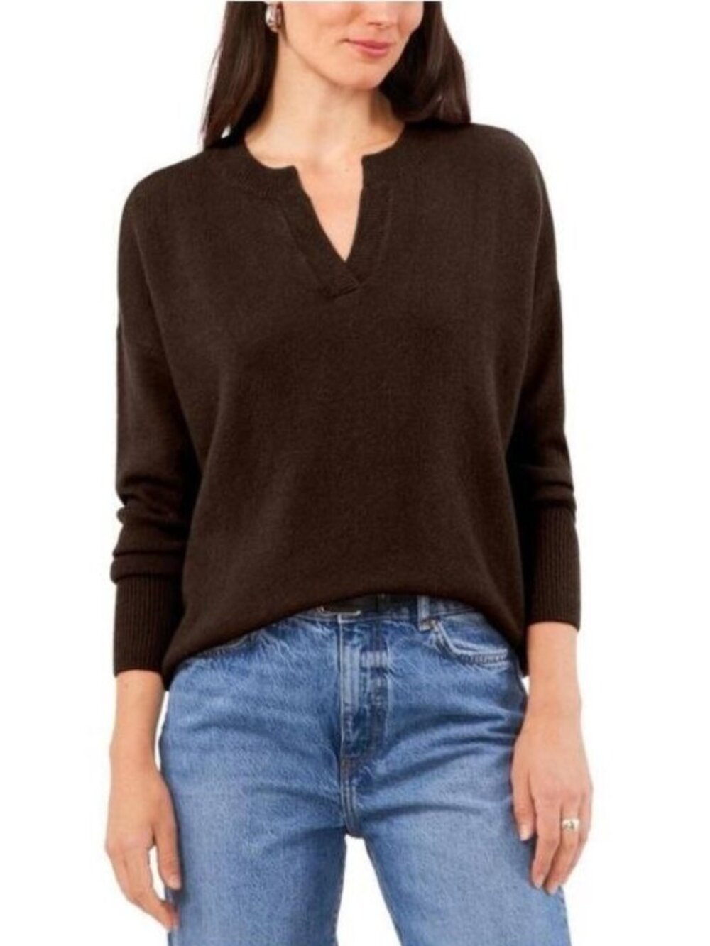 Vince Camuto Women's Cozy V-Neck Drop-Shoulder Sweater Chocolate